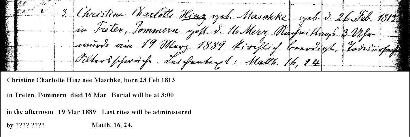 Death notice of Christine Charlotte Maschke